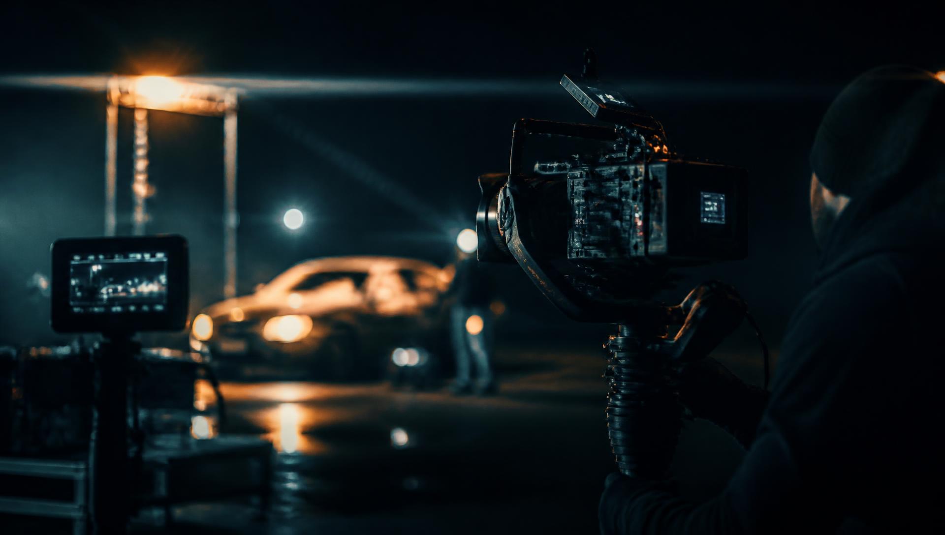 Equipe da CRESCO em set de filmagem noturno com câmera de cinema em gimbal